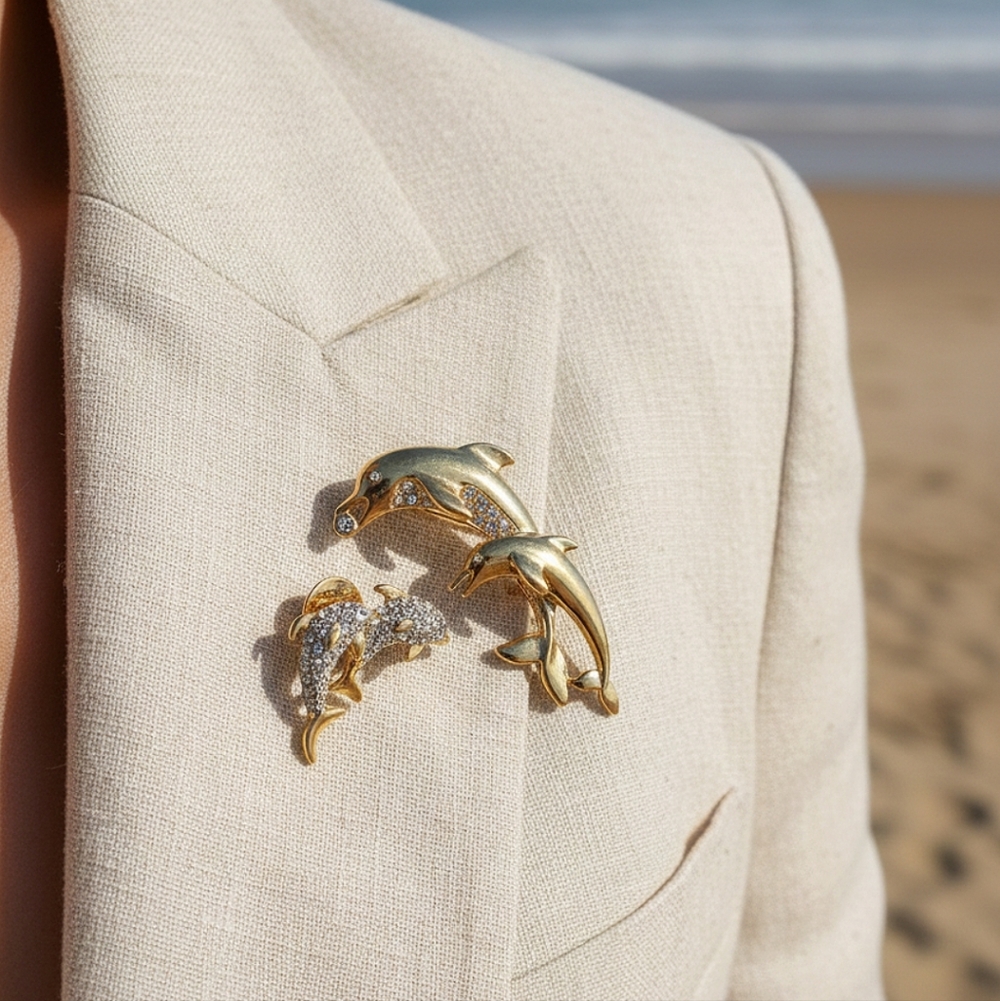 Vintage Rhinestone Dolphin Brooch Set 2pc Gold Tone Nautical Animal Costume Pin